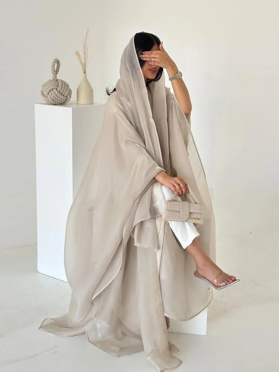 Siskakia New Dubai Mesh Batwing Sleeve Open Kaftans Hijab included Abaya Women's Clothing From Turkey 2025
