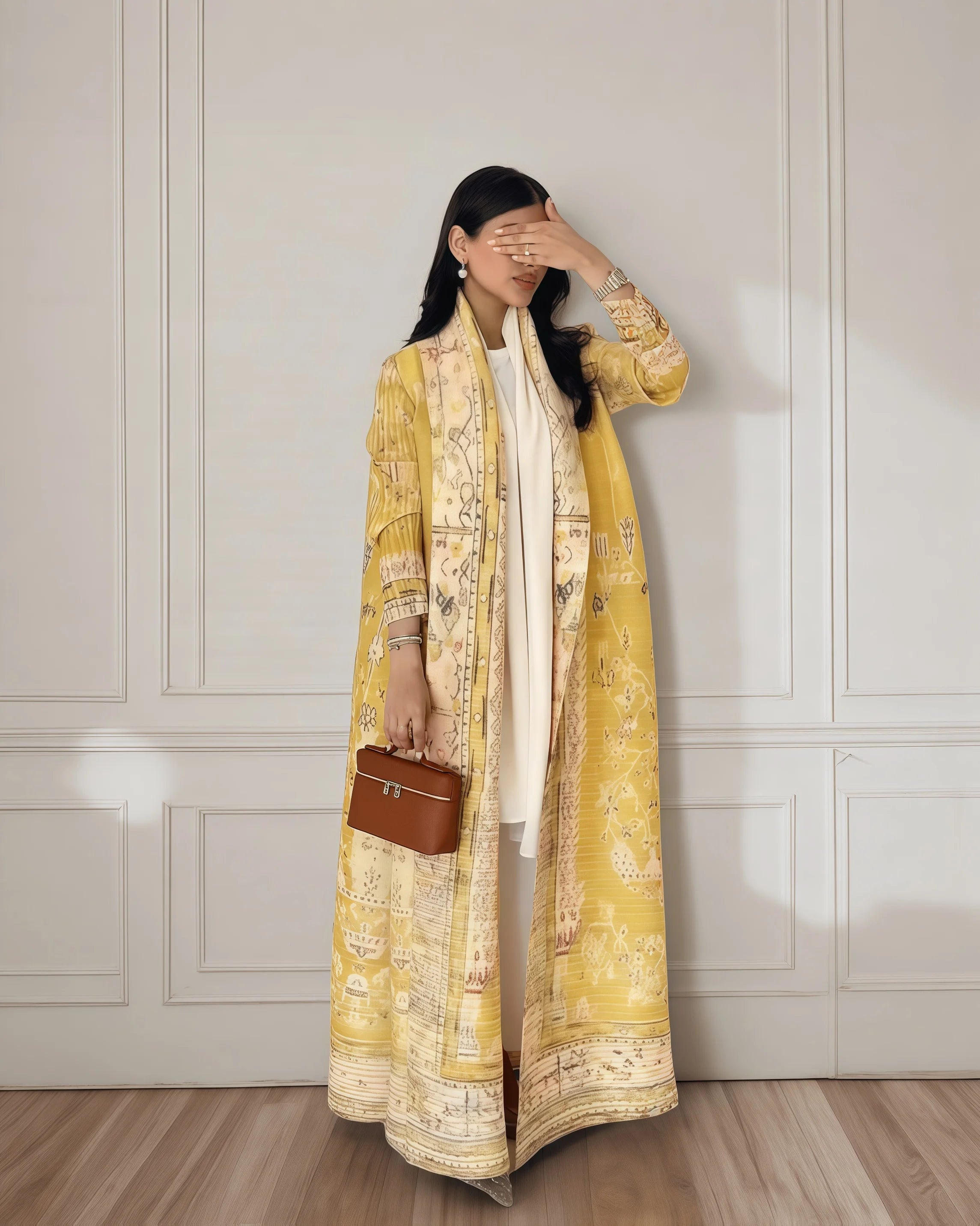 Fold Elegant Vintage Print Open Front Abaya, Lightweight Flowy Loose Fit Women's Modest Fashion Long Kimono Cardigan