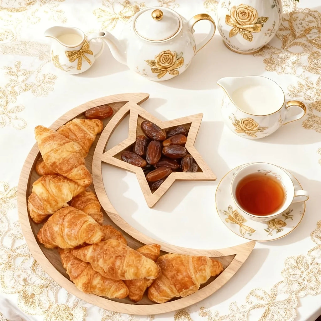 Ramadan Wooden Moon Star Tray Dessert Snack Plate Islamic Muslim Holiday Decoration For Home Decor Birthday Party Festival Celeb