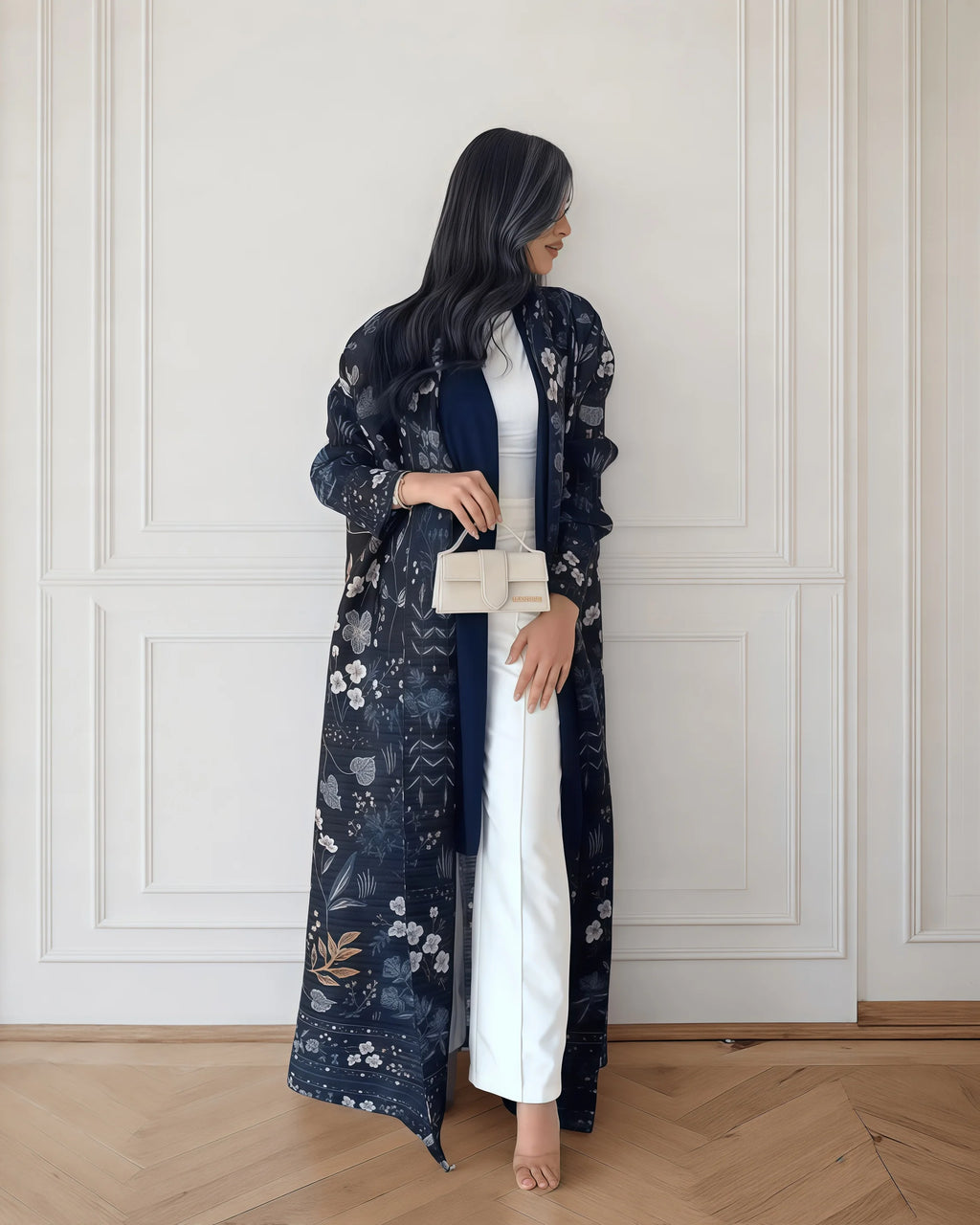 Fold Elegant Vintage Print Open Front Abaya, Lightweight Flowy Loose Fit Women's Modest Fashion Long Kimono Cardigan
