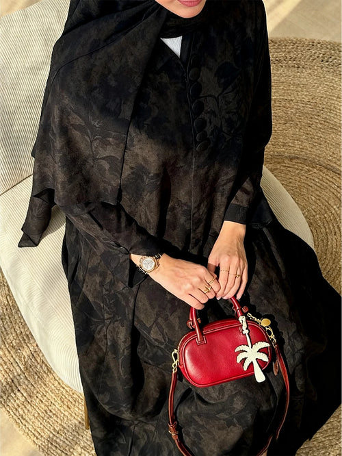 Fashionable Arabic Women's Long-Sleeved Loose-Fitting Printed Elegant Abaya with a Headscarf Included