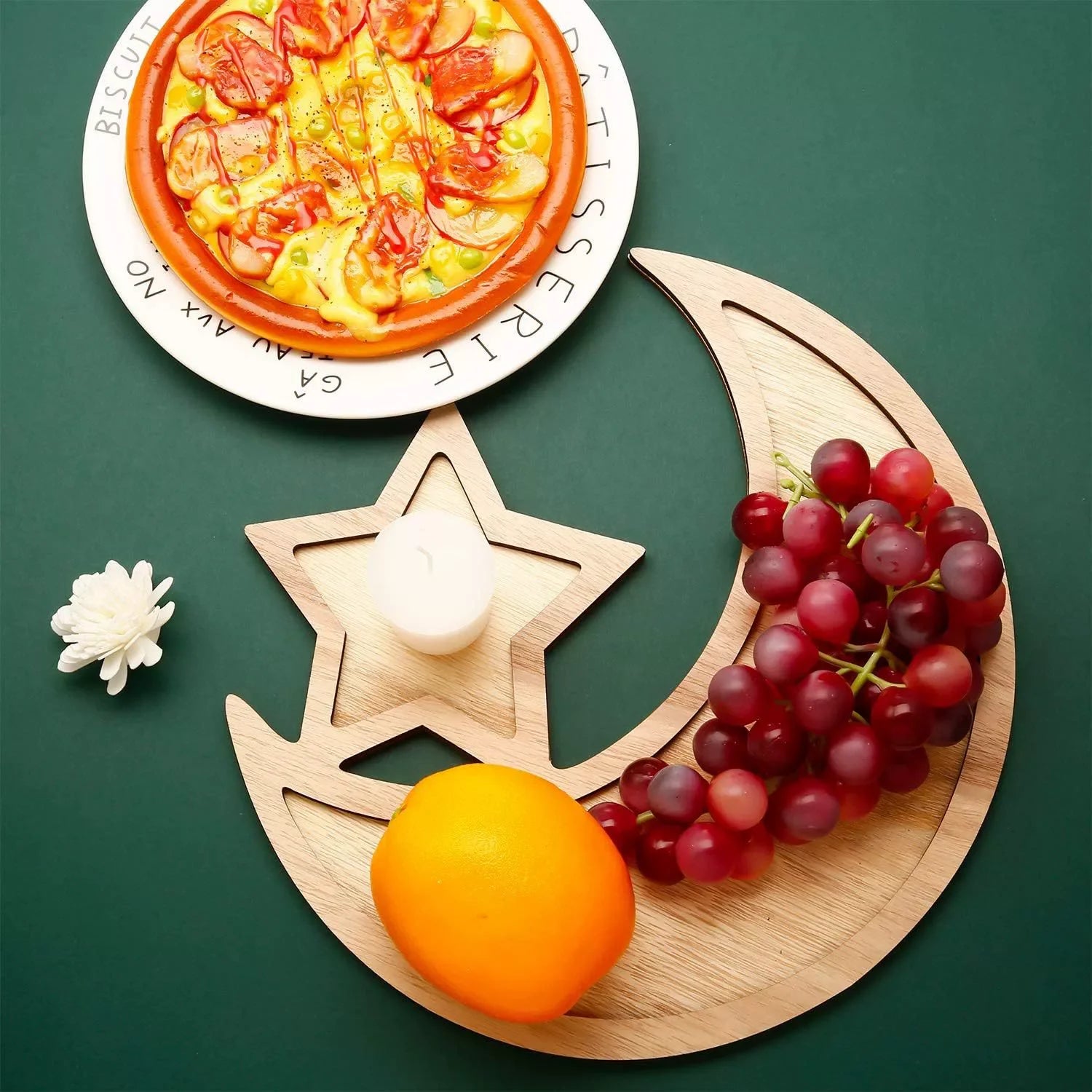 Ramadan Wooden Moon Star Tray Dessert Snack Plate Islamic Muslim Holiday Decoration For Home Decor Birthday Party Festival Celeb