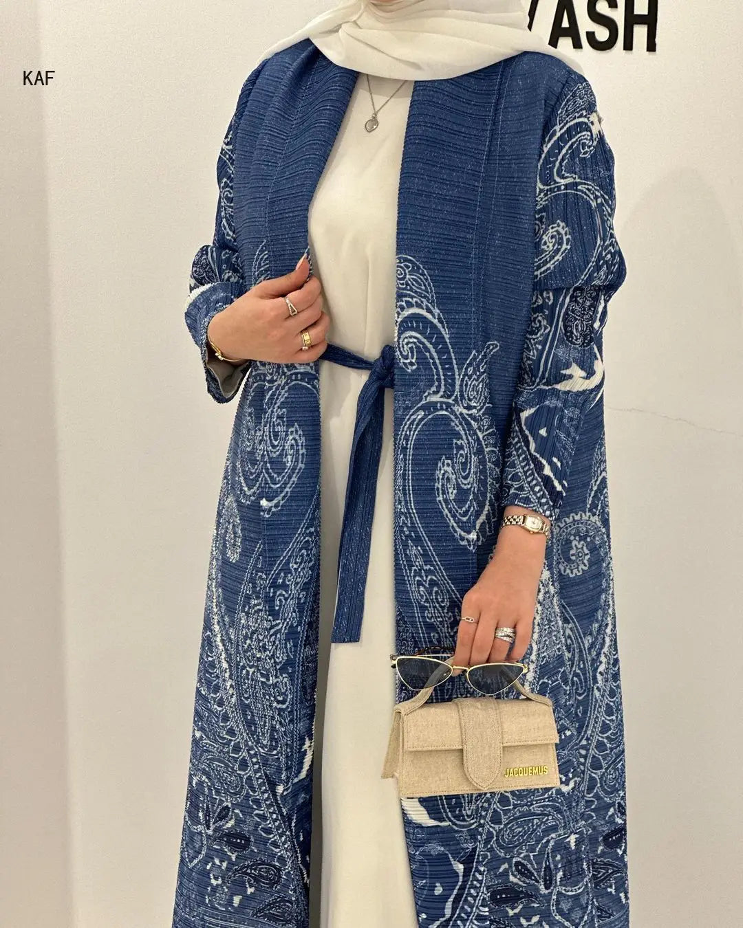 Fold Elegant Vintage Print Open Front Abaya, Lightweight Flowy Loose Fit Women's Modest Fashion Long Kimono Cardigan