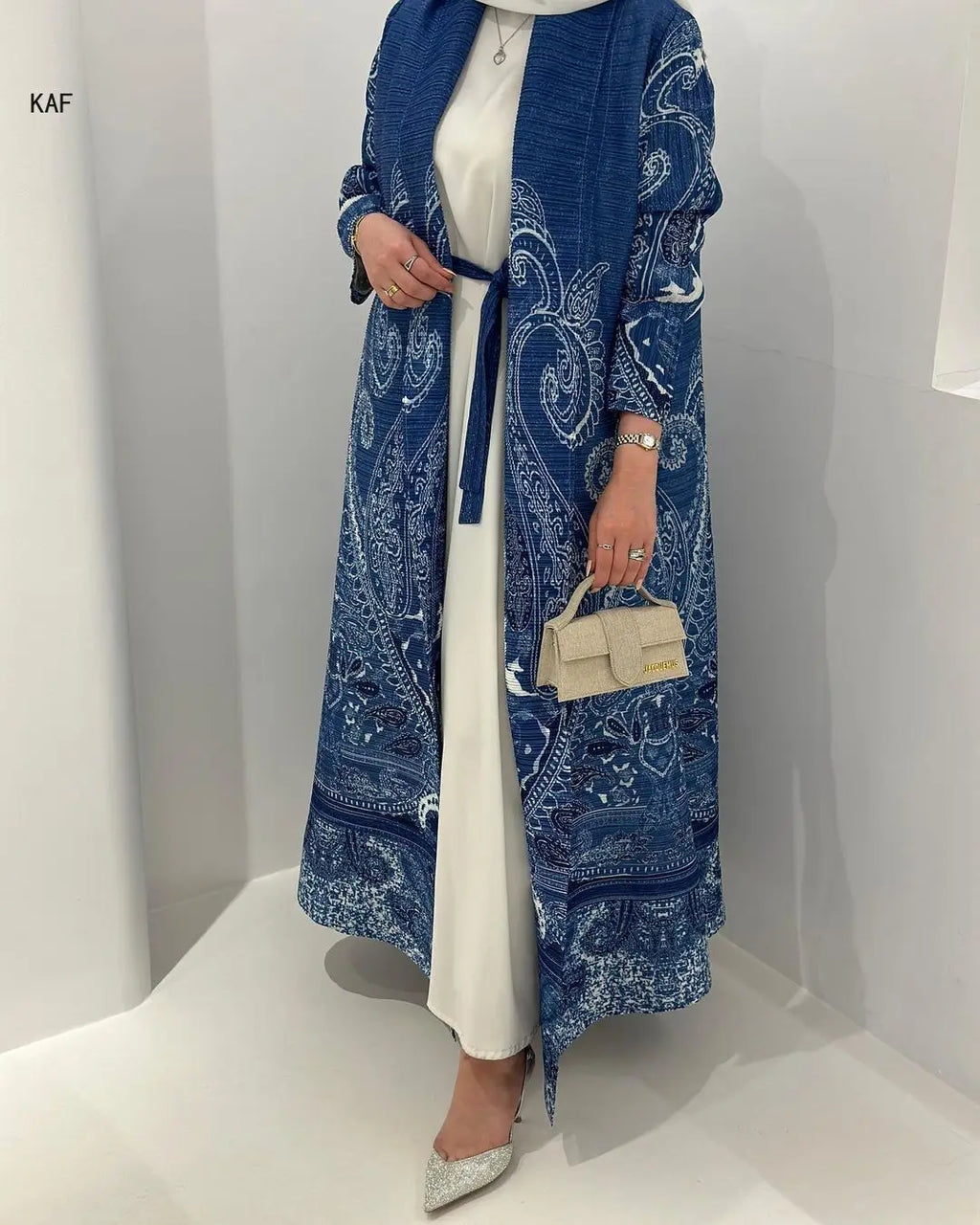 Fold Elegant Vintage Print Open Front Abaya, Lightweight Flowy Loose Fit Women's Modest Fashion Long Kimono Cardigan