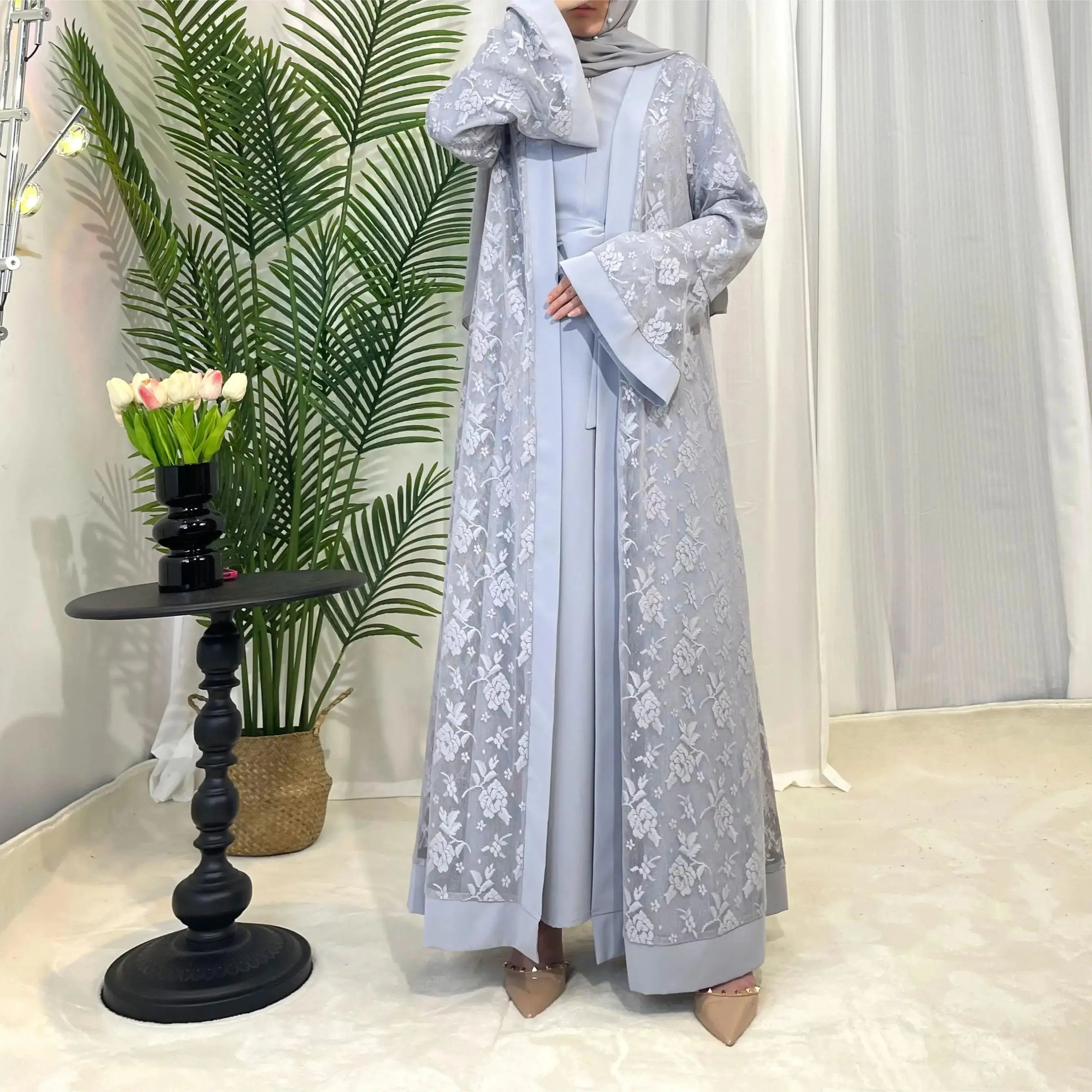 Lace two-piece outfit lace abaya inner dress and cardigan, nida abaya muslim dres