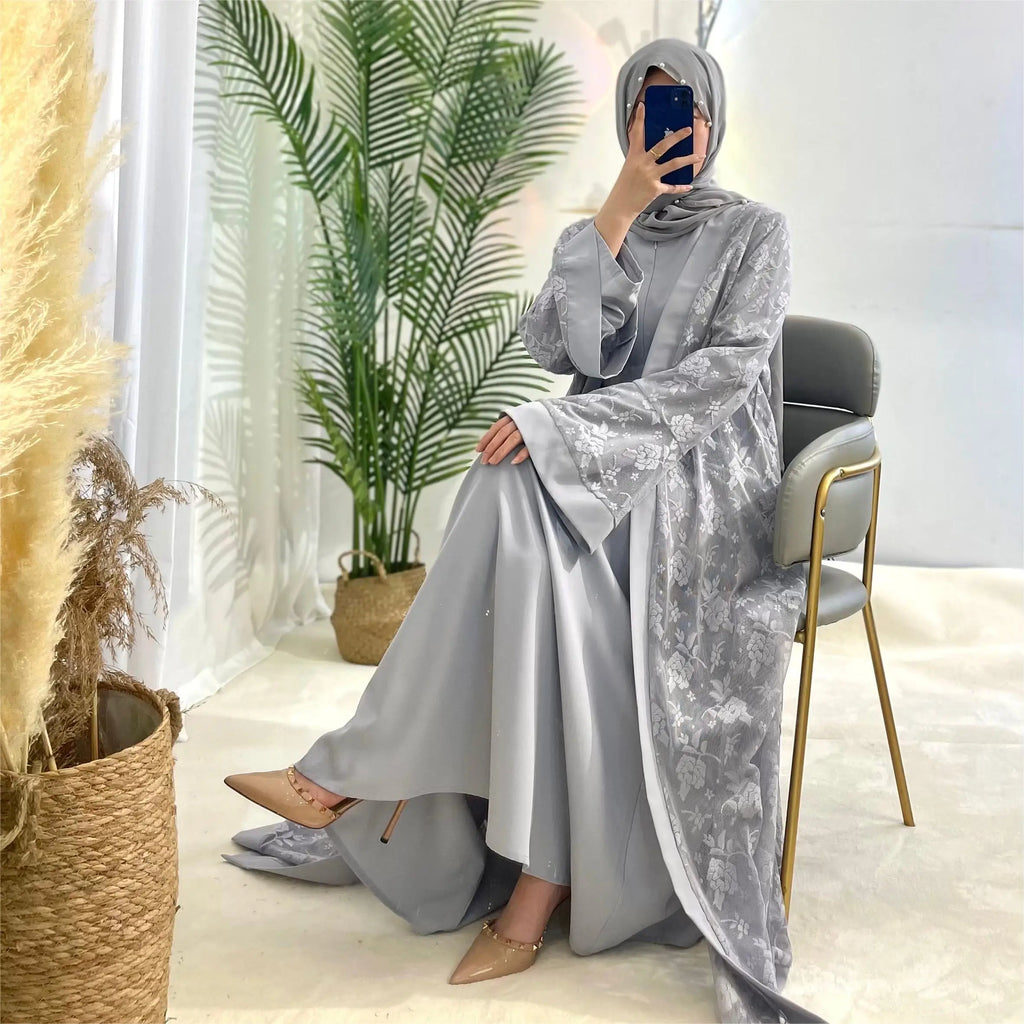 Lace two-piece outfit lace abaya inner dress and cardigan, nida abaya muslim dres