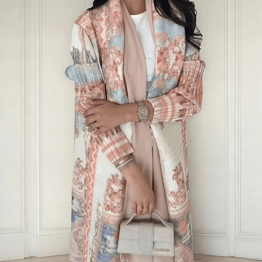 Fold Elegant Vintage Print Open Front Abaya, Lightweight Flowy Loose Fit Women's Modest Fashion Long Kimono Cardigan