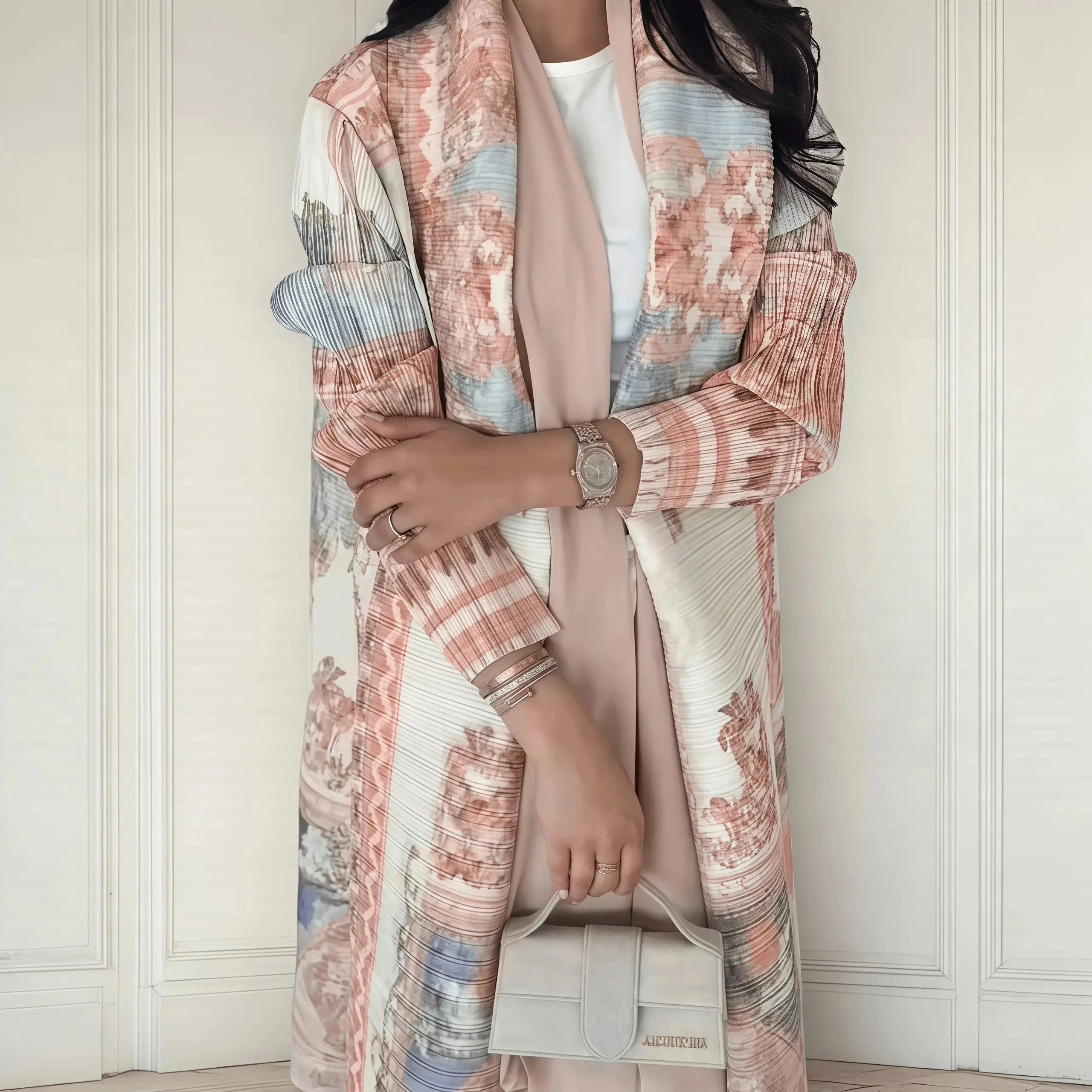 Fold Elegant Vintage Print Open Front Abaya, Lightweight Flowy Loose Fit Women's Modest Fashion Long Kimono Cardigan