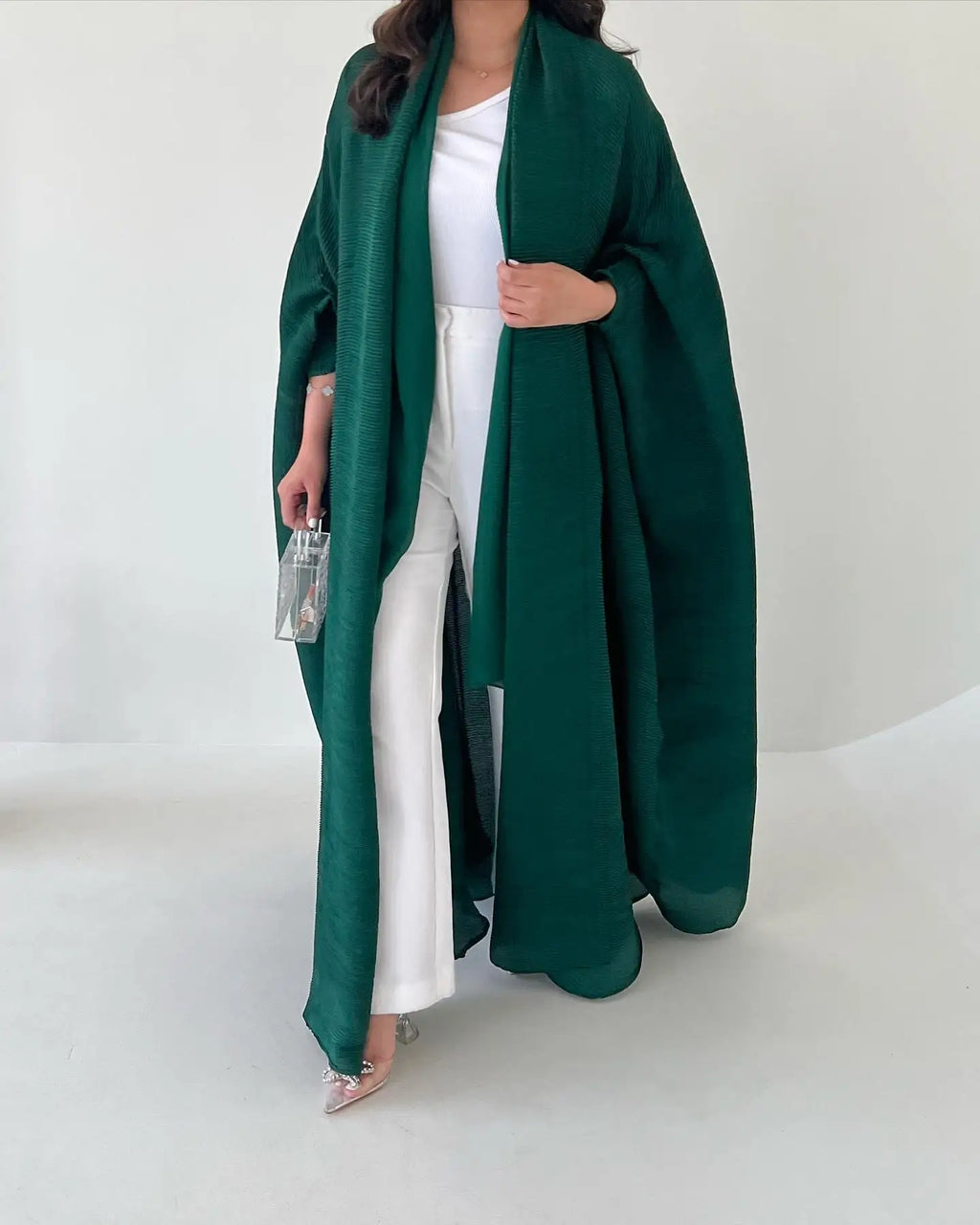 Elegant Pleated Abaya for Women, Long Open Front Islamic Clothing, Customizable Muslim Outerwear Robe for Formal & Casual