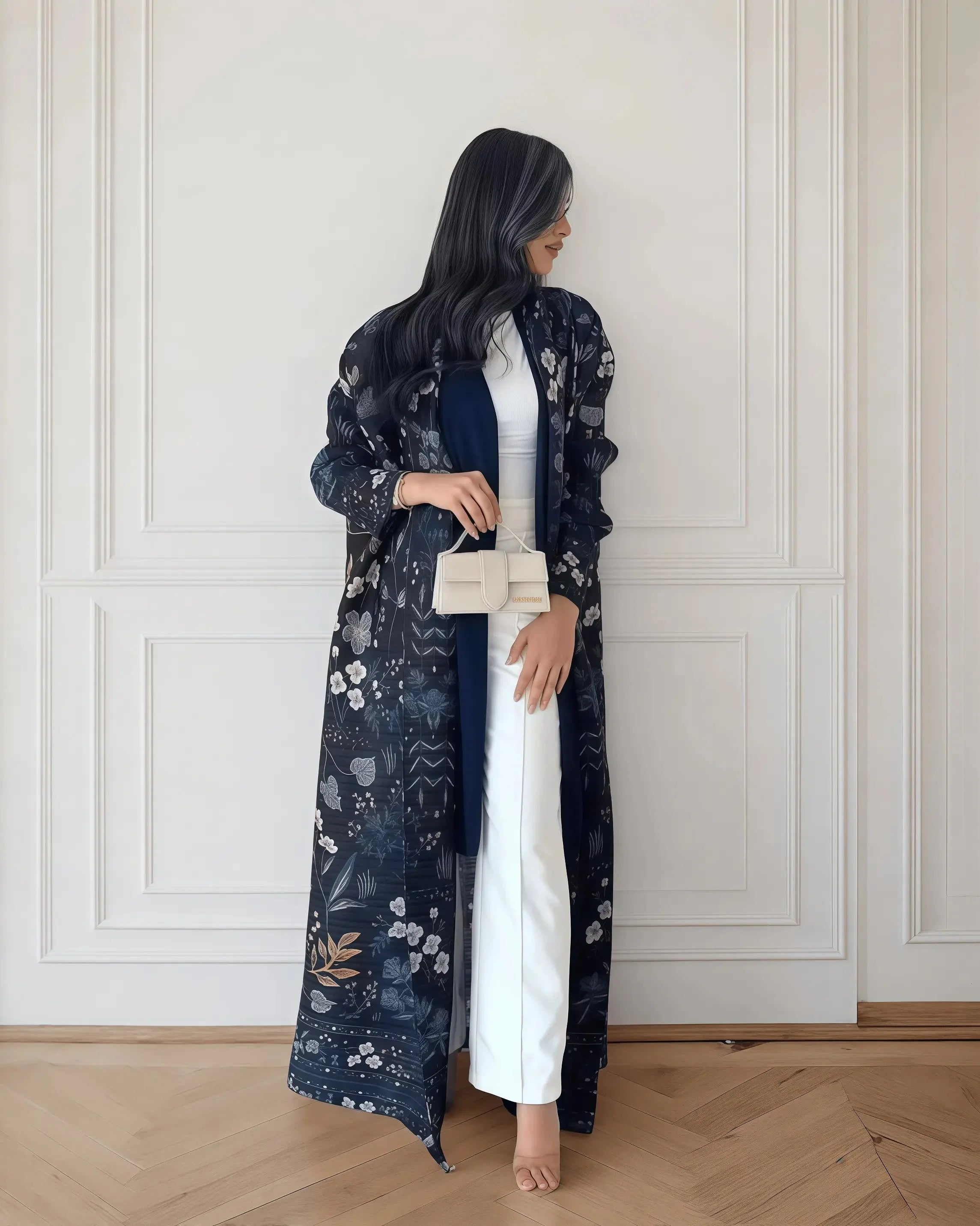 Fold Elegant Vintage Print Open Front Abaya, Lightweight Flowy Loose Fit Women's Modest Fashion Long Kimono Cardigan