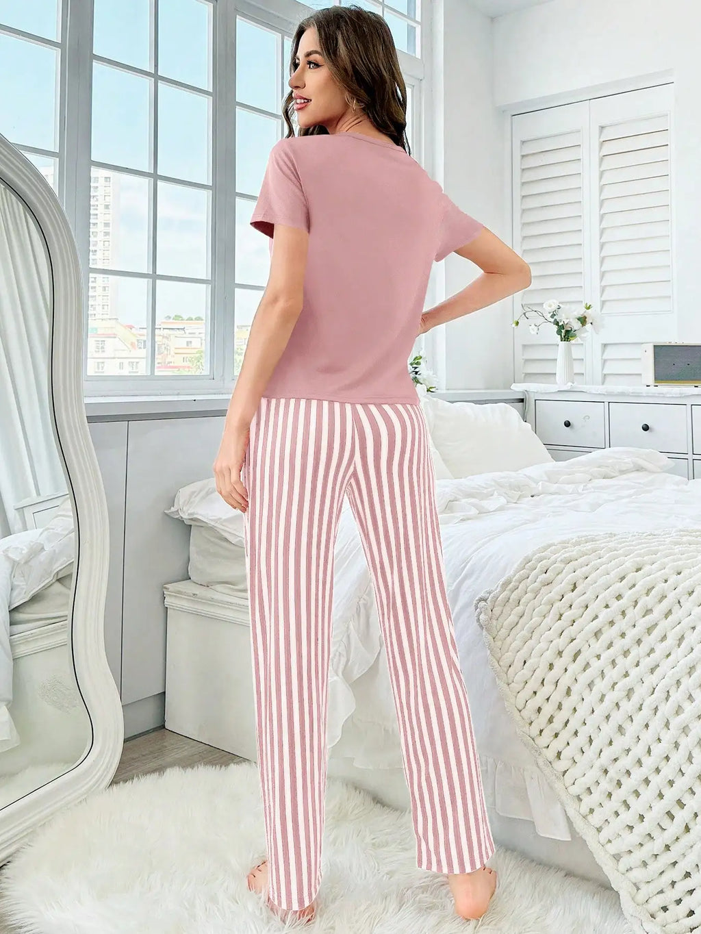 Women's pajamas new style love short sleeve striped pants two-piece elegant casual home outfit