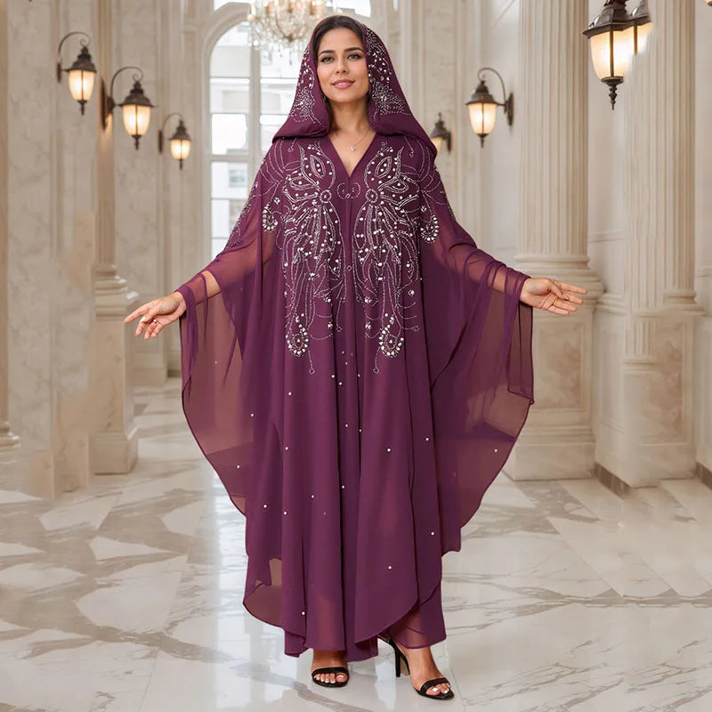 Eid Muslim Dress for Women Bat Sleeve Abaya Luxury Diamond Flower Party Dresses 2025 New Kaftan Cardigan Chiffon Long Robe Lady