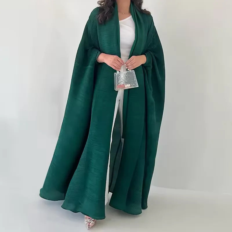 Elegant Pleated Abaya for Women, Long Open Front Islamic Clothing, Customizable Muslim Outerwear Robe for Formal & Casual