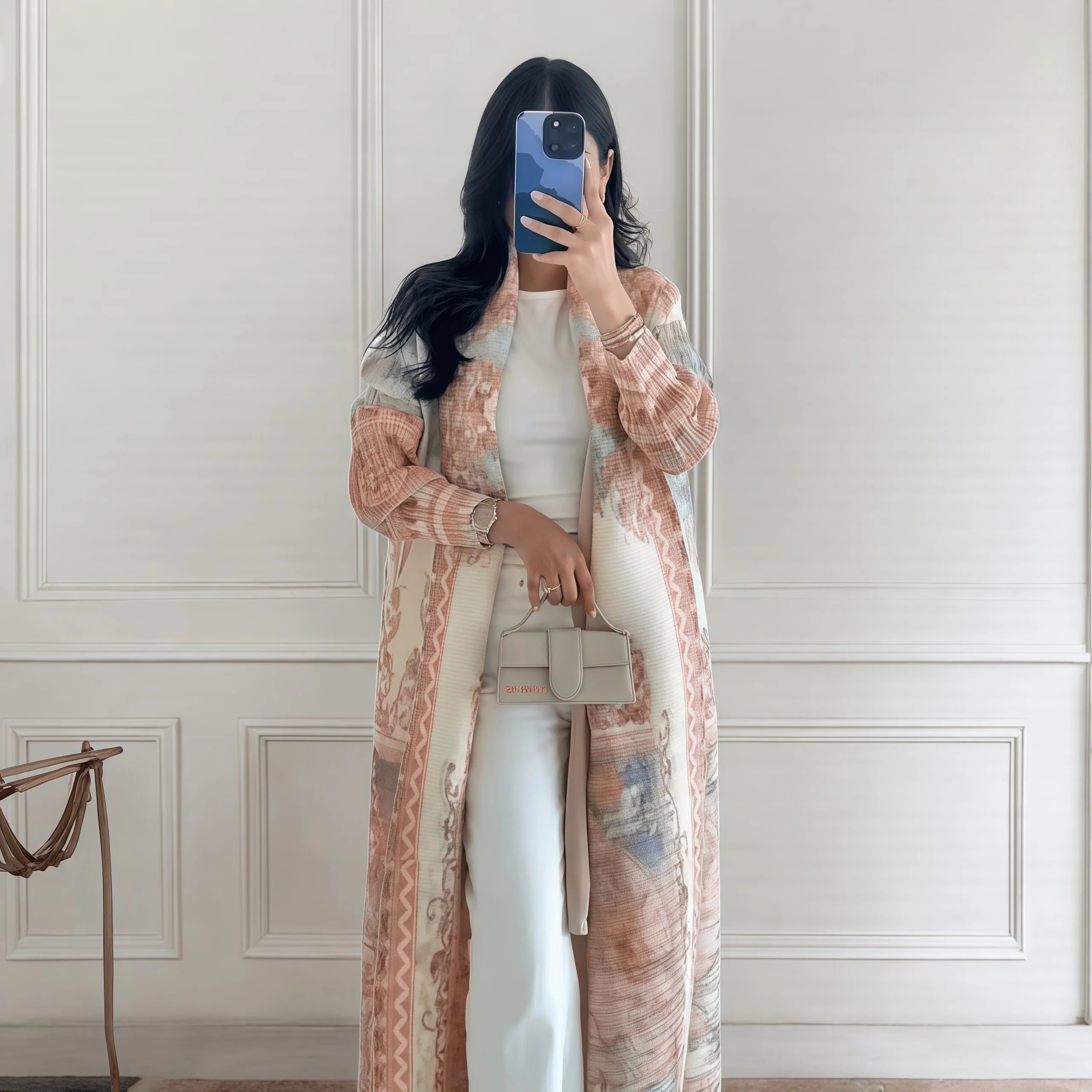 Fold Elegant Vintage Print Open Front Abaya, Lightweight Flowy Loose Fit Women's Modest Fashion Long Kimono Cardigan